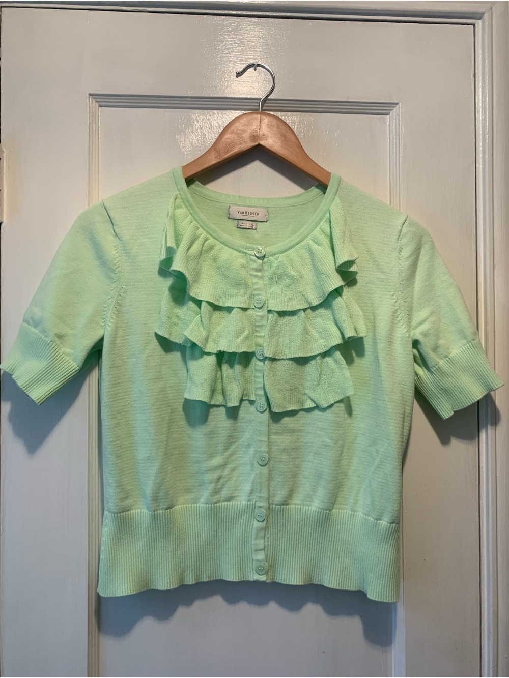 Van Heusen Mint Green Ruffle Front Button-Down Sweater Size M EUC